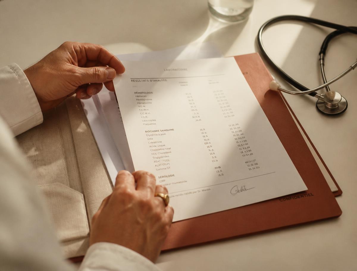 Médica analisando resultados de exames laboratoriais sobre a mesa