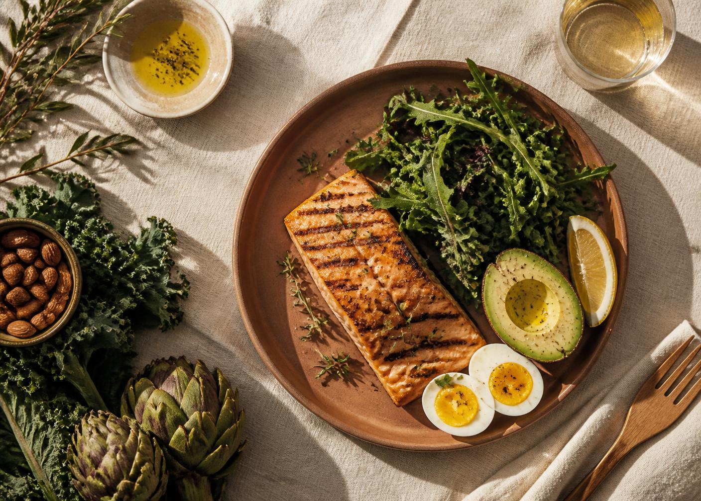Prato com salmão grelhado, folhas verdes, abacate e ovos sobre linho cru